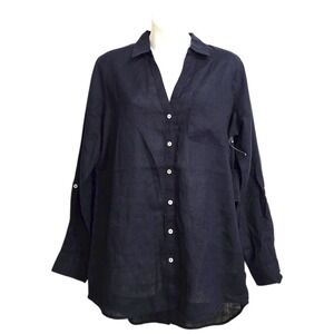 Sigrid Olsen NWT Navy Hi-Lo Long Roll Tab Sleeve Linen Blouse Sz M